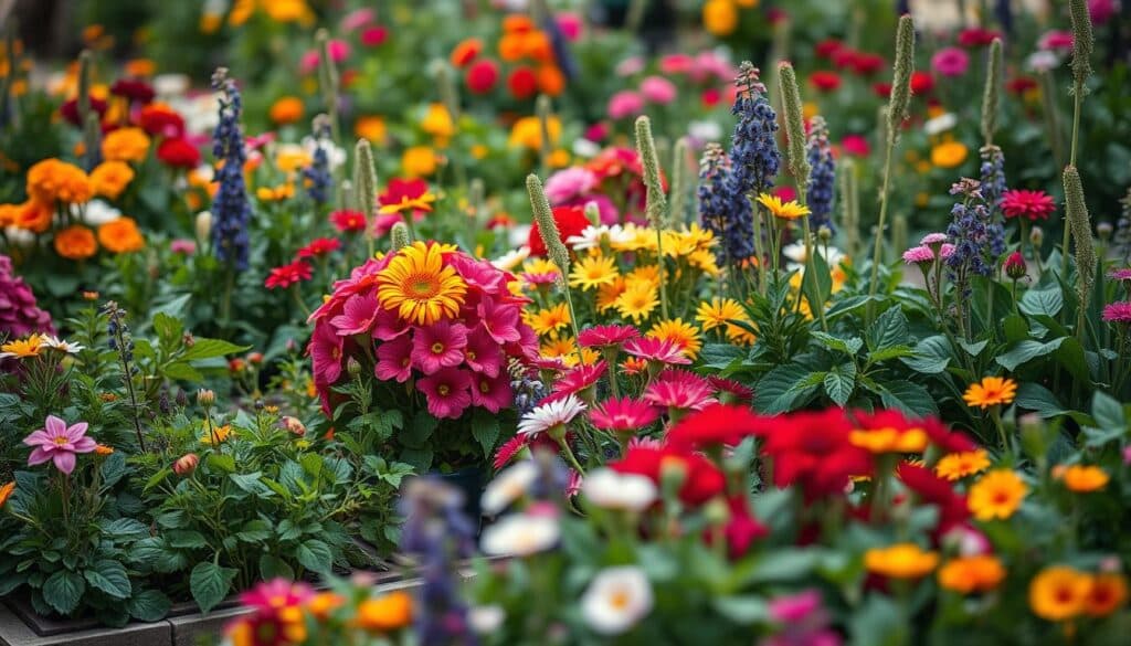 Bunte Blumenarrangements auf Kräuterbeeten