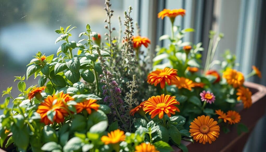 Kräuter und Blumen im Balkonkasten