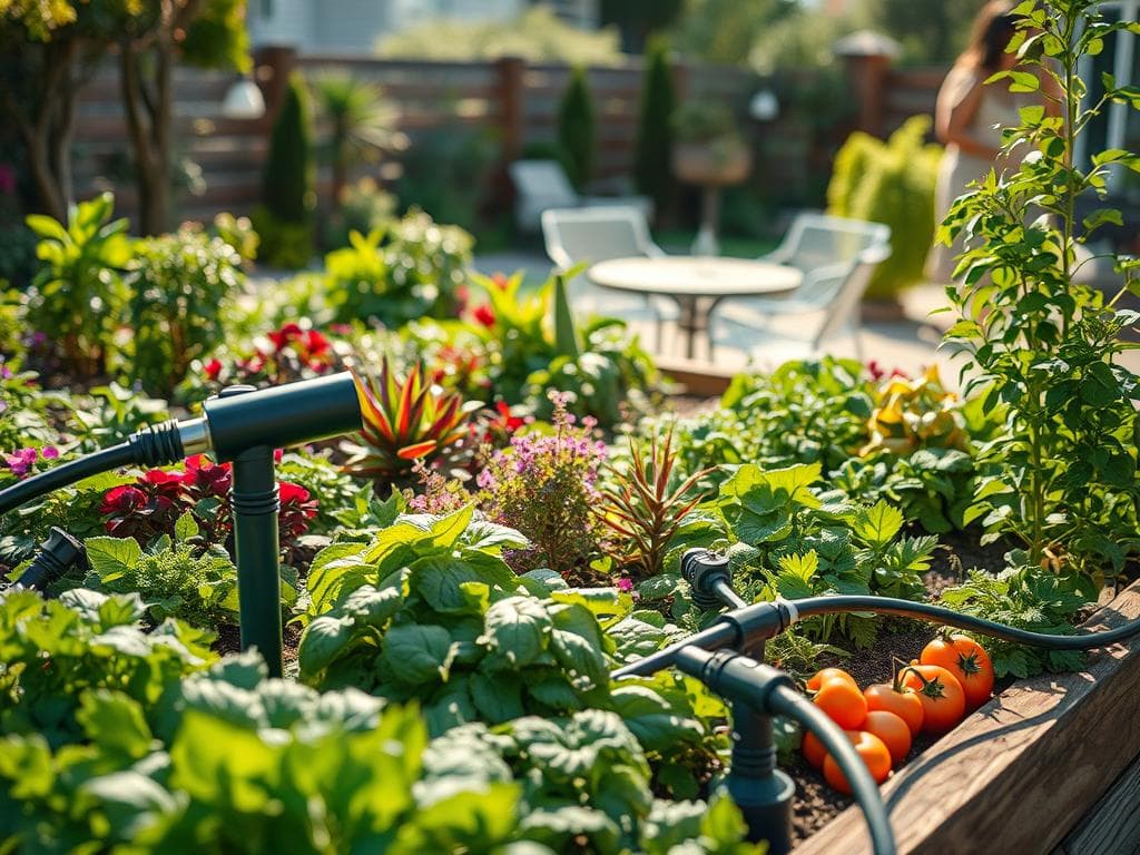 Kräuterbeet Bewässerungssystem mit modernen Gartengeräten Kräuterbeet Bewässerungssystem mit modernen Gartengeräten