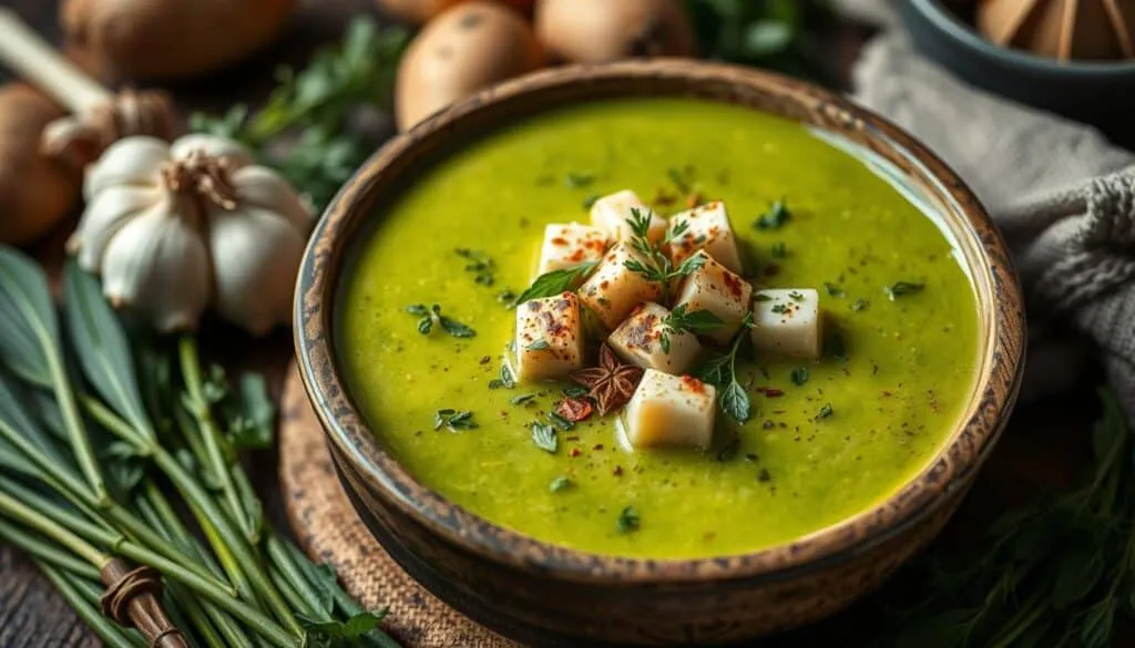 Bärlauchsuppe mit Tofu und Gewürzen Bärlauchsuppe mit Tofu und Gewürzen