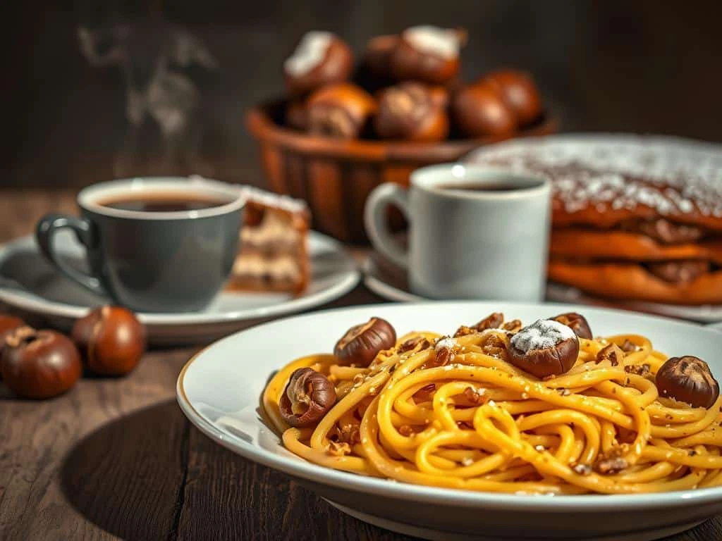 Pasta und Kuchen mit Maronen